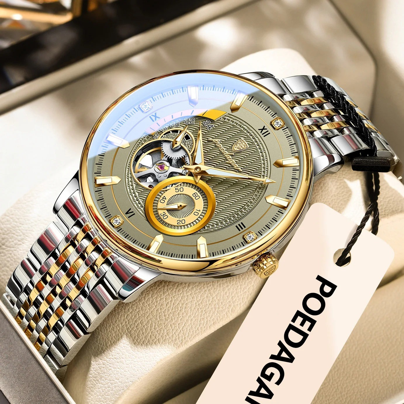 POEDAGAR 1416 Luxury Automatic Men’s Watch — Luminous Hollow Tourbillon Stainless Steel