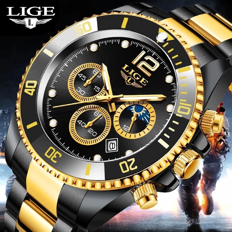 LIGE 8924 Watches Mens Top Brand Luxury Clock Casual Stainless Steel 24Hour Moon Phase Men Watch Sport Waterproof Quartz Chronograph