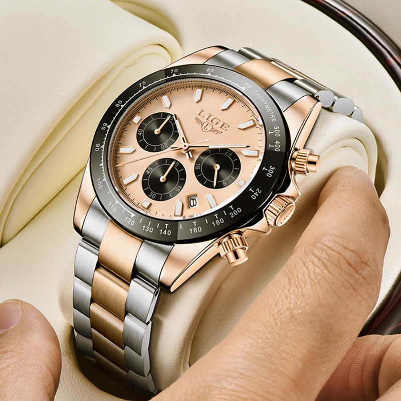 LIGE 8937 Luxury Rose Gold Business Watch Man Fashion Chronograph Quartz Wrsitwatches Waterproof Luminous Date Clock