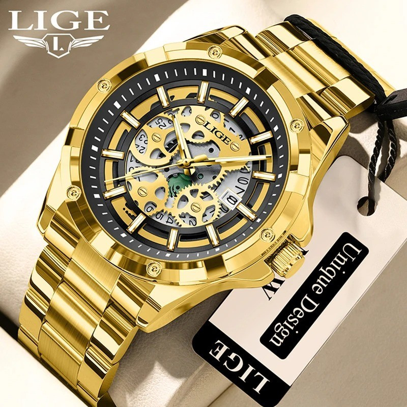 LIGE 89283 Gold Skeleton Quartz Watch for Men Waterproof Luminous Business Wristwatch
