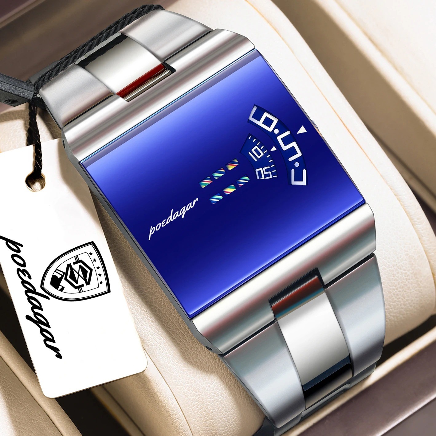 POEDAGAR Rectangle Men’s Quartz Watch – Waterproof Stainless Steel Sports Watch