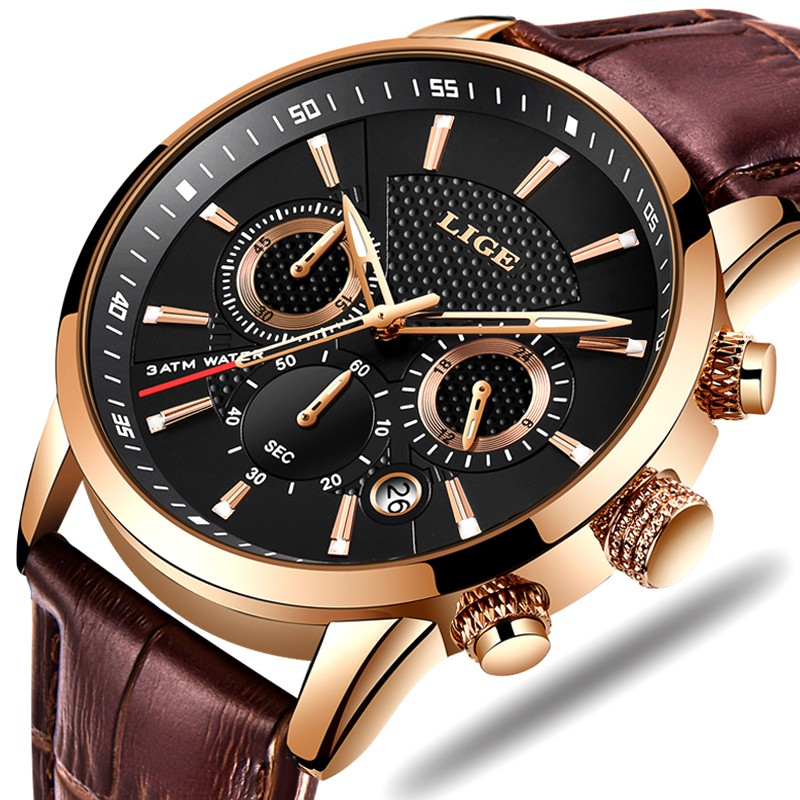 LIGE 9866 New Mens Watches Top Brand Luxury Military Sport Watch Men Leather Waterproof Clock Quartz Wristwatch Relogio Masculino+Box