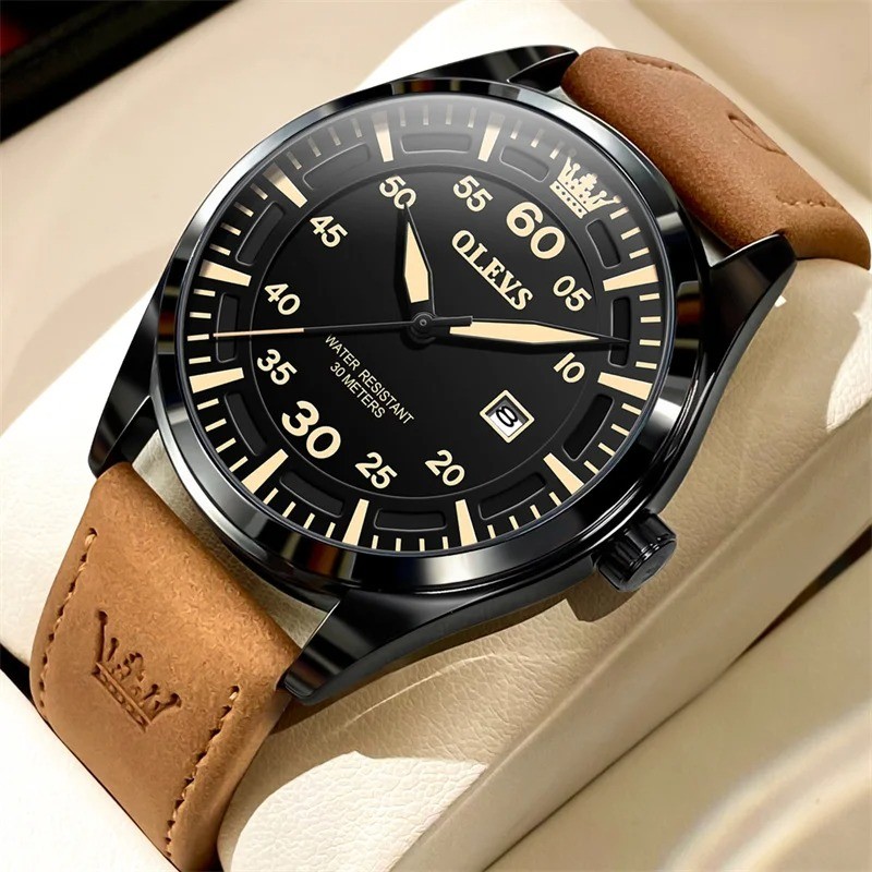 OLEVS 9962 Luxury Brown Leather Men Watch