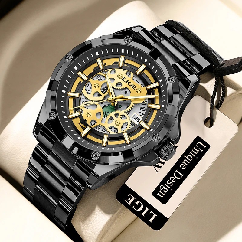 LIGE 89283 Black Skeleton Quartz Watch for Men Waterproof Luminous Business Wristwatch